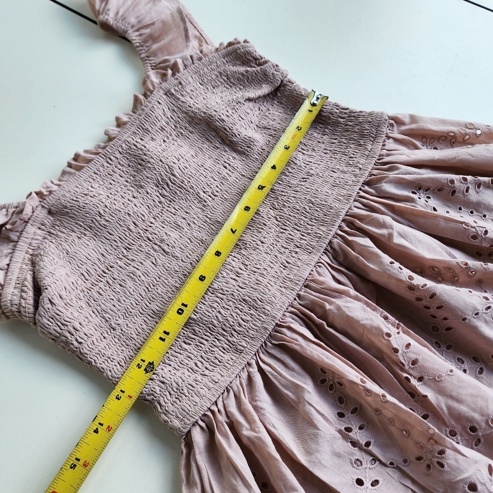 Japna Women's Beige Ruffled Smocked Stretch Eyelet Top Blouse Cotton Sz M - Picture 10 of 11
